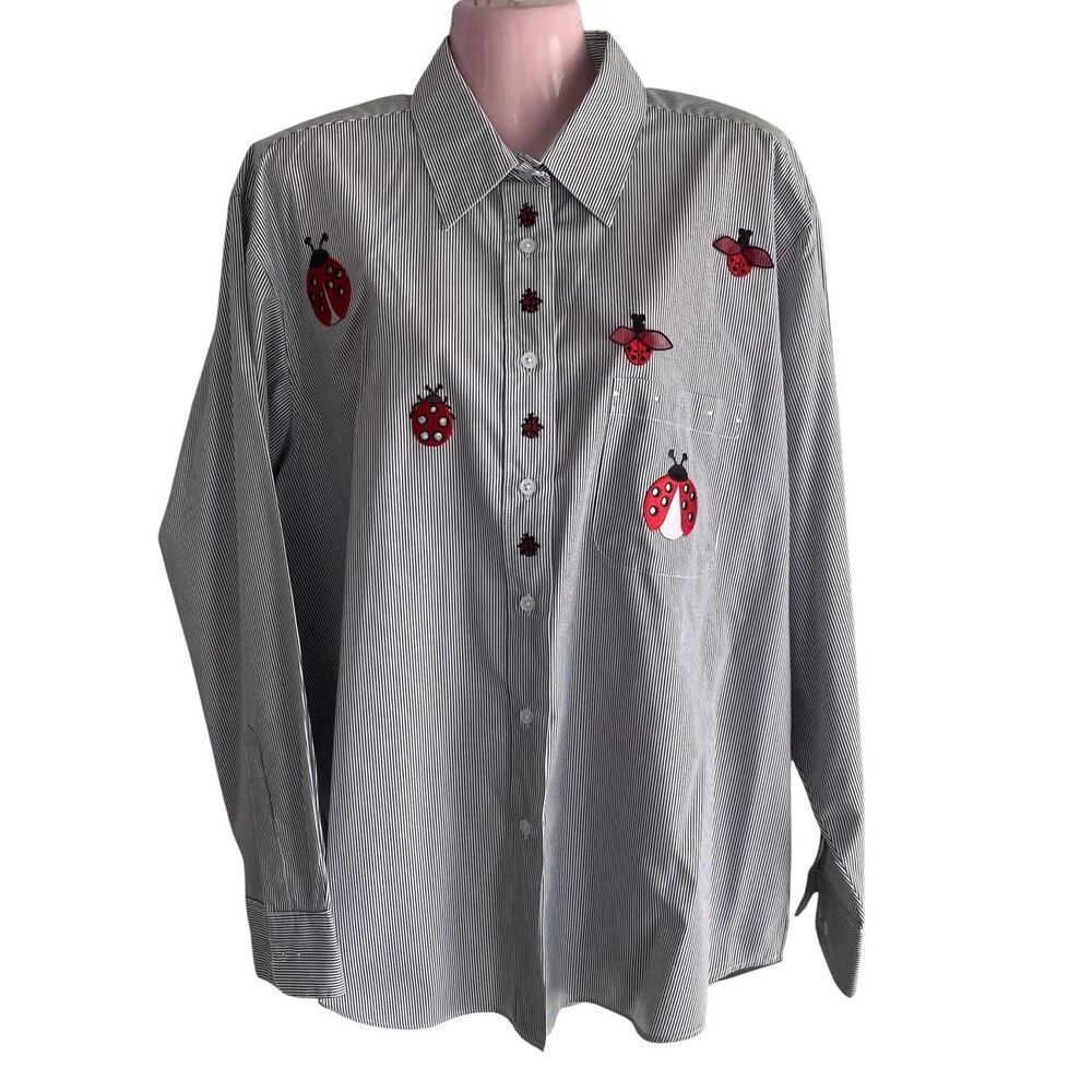 Get Lucky U.S.A. Shirt Womens Large White Ladybug Striped Embroidered Button Up